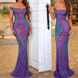 Luxe off shoulder mermaid hem party formal sequins dress